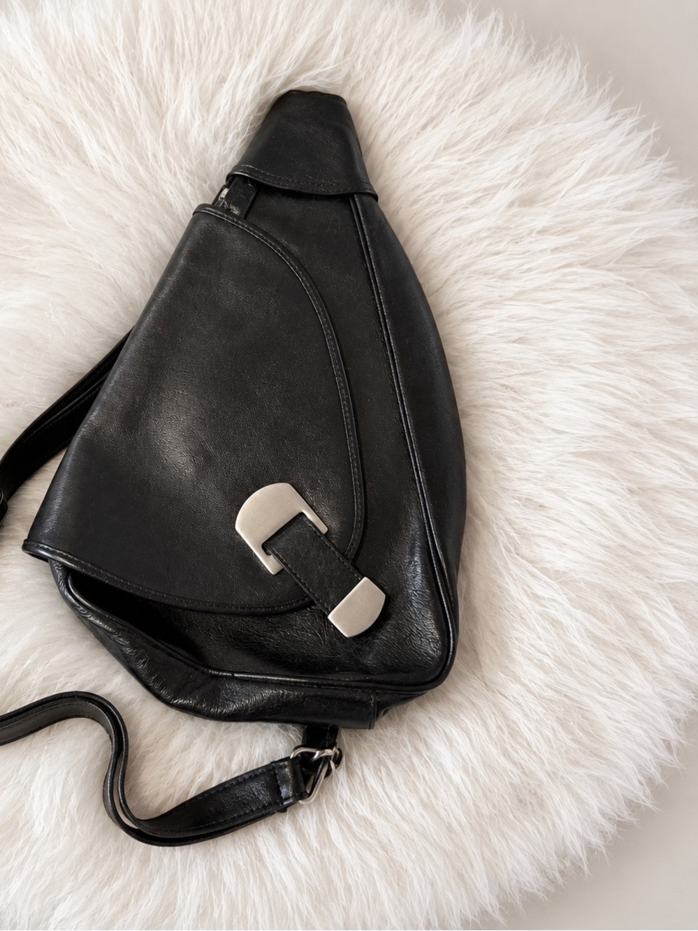 Black Genuine Leather Triangle Sling Backpack